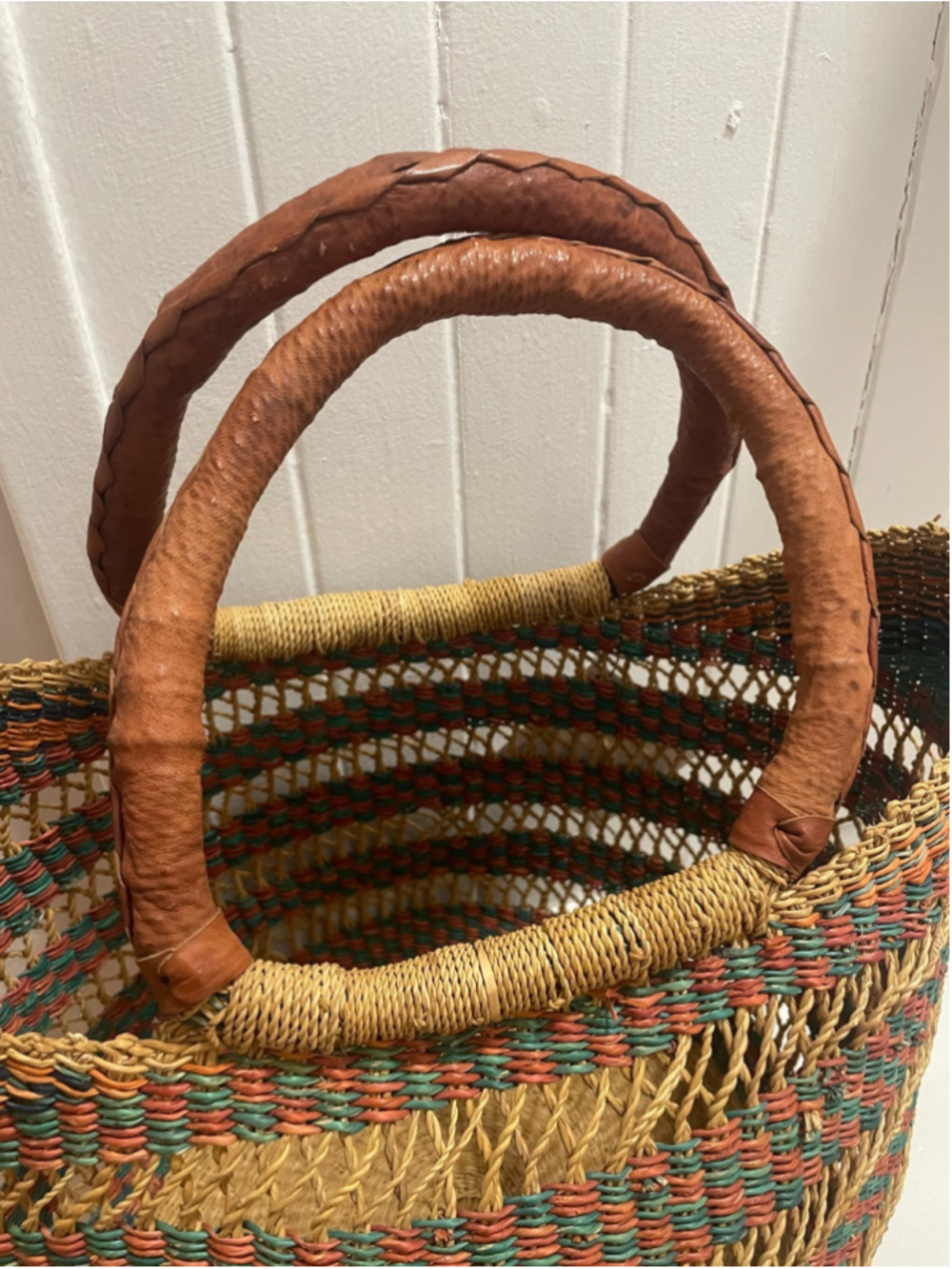 Authentic Ghana Bolga Tote Handwoven Basket with Leather Handle - Picture 6 of 8